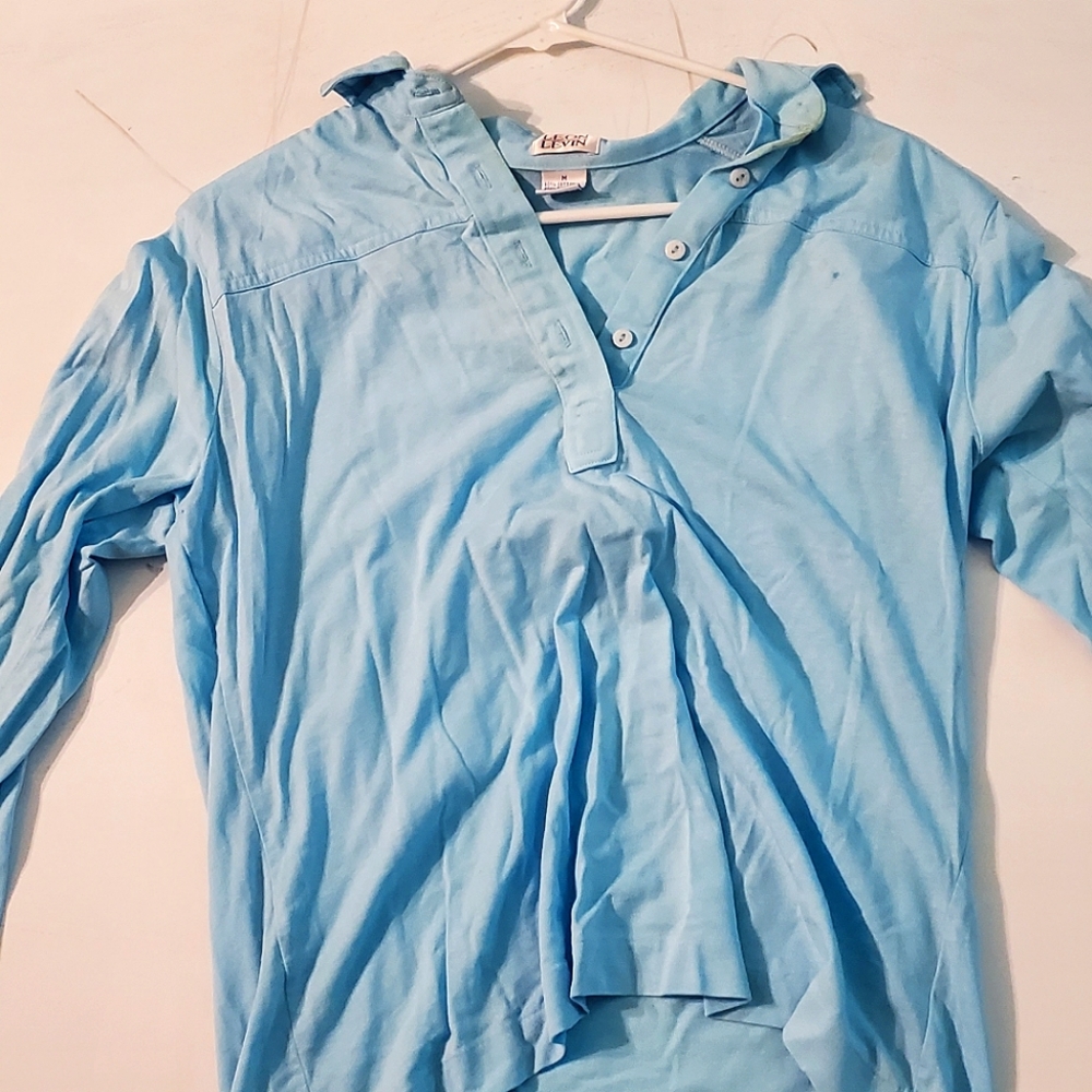 blue long sleeved Leon Levin medium polo shirt